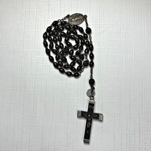 Catholic Rosary Black Glass Bead Crucifix Miraculous Medal France Jesus Vintage